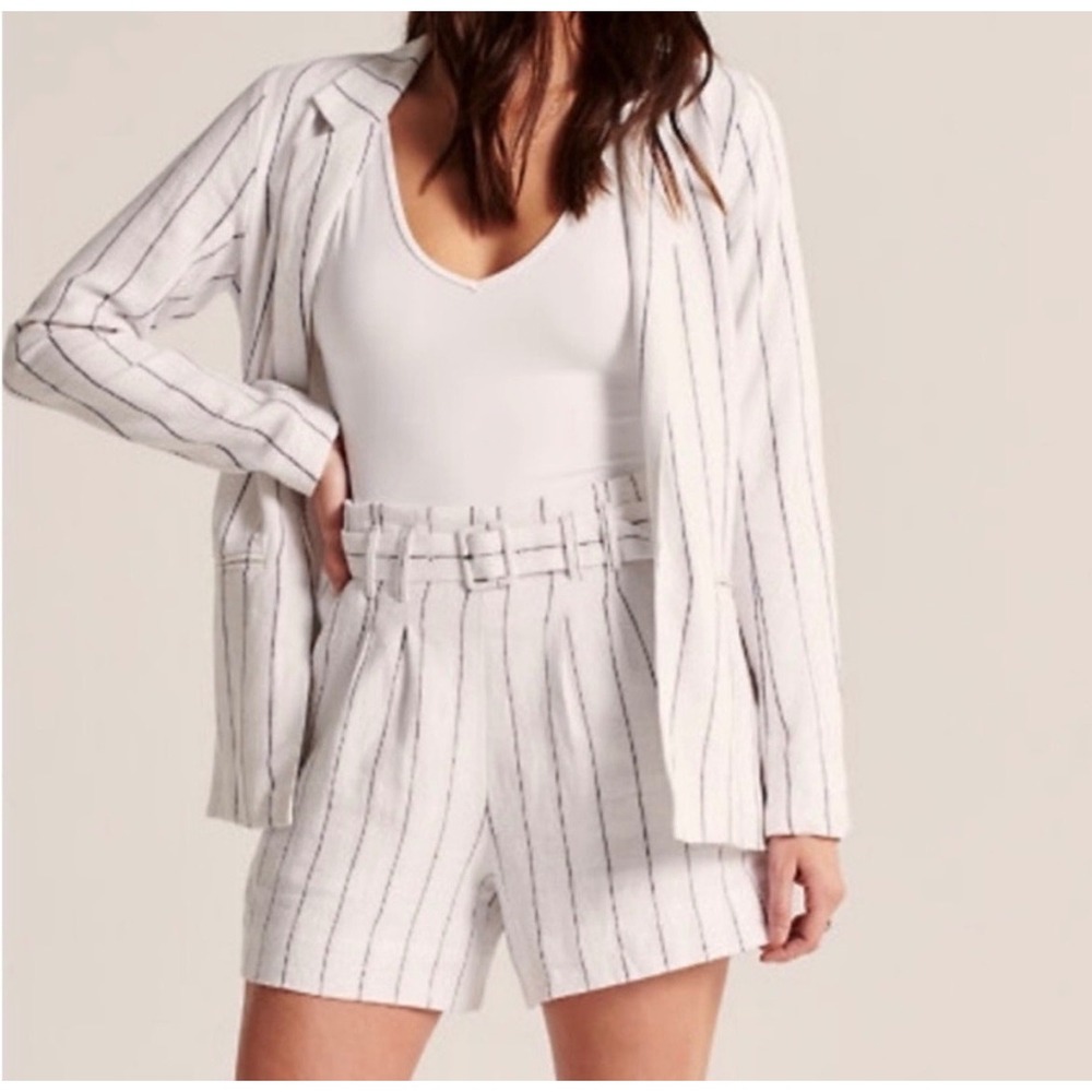 Abercrombie & Fitch Striped Linen Blend Blazer Womens L White‎ Relaxed Oversized